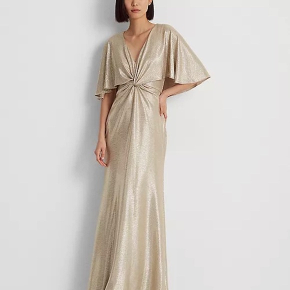 Ralph Lauren Gold Flutter Sleeve V-Neck Gown - Picture 1 of 12